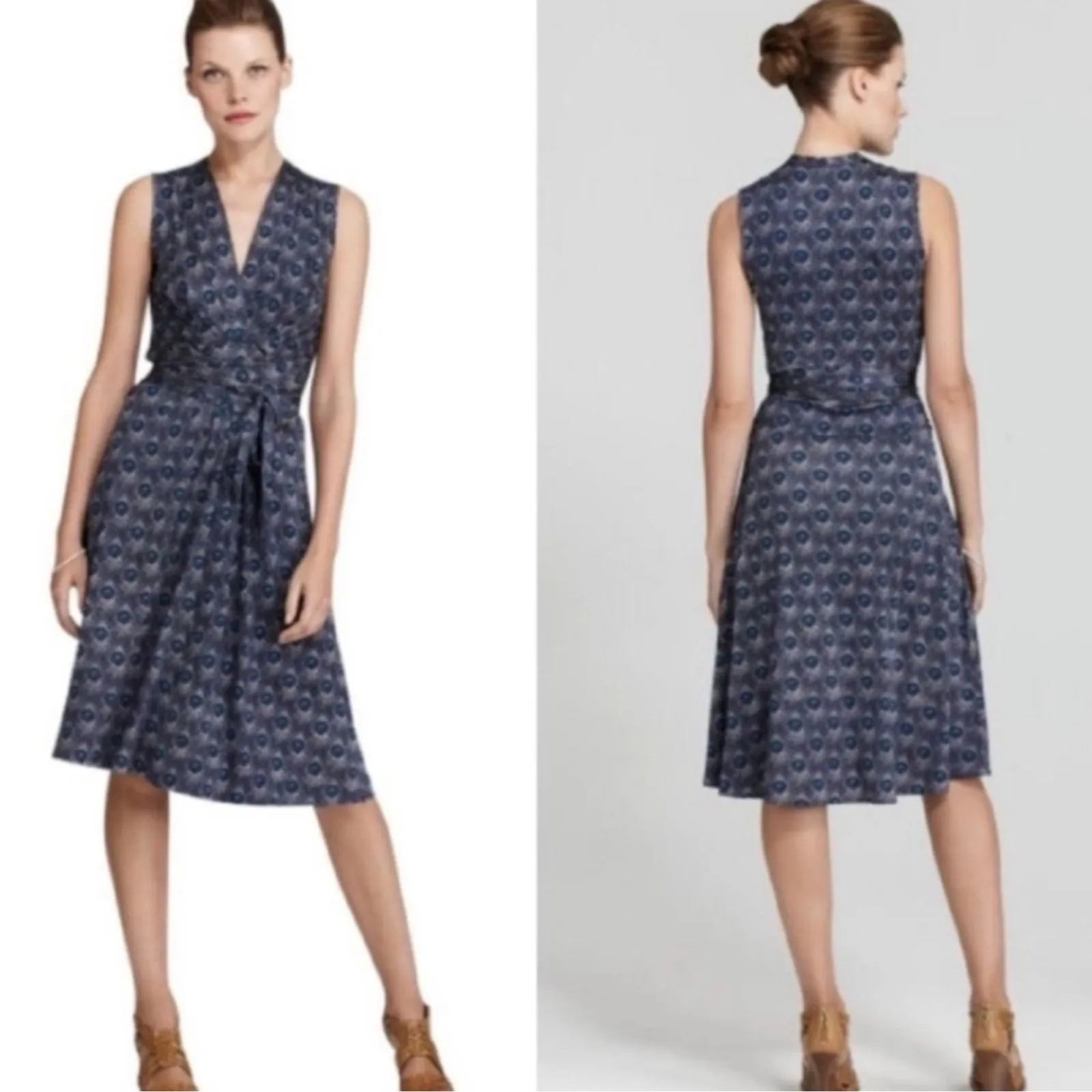 Tory‎ Burch Silk Wrap Dress Peacock Feather Print Sleeveless Navy Blue S - Image 2