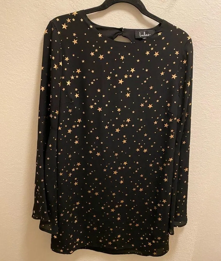 Lulu's Black & Rose Gold Extra Celestial Star Print Shift Dress Size Medium - Image 4