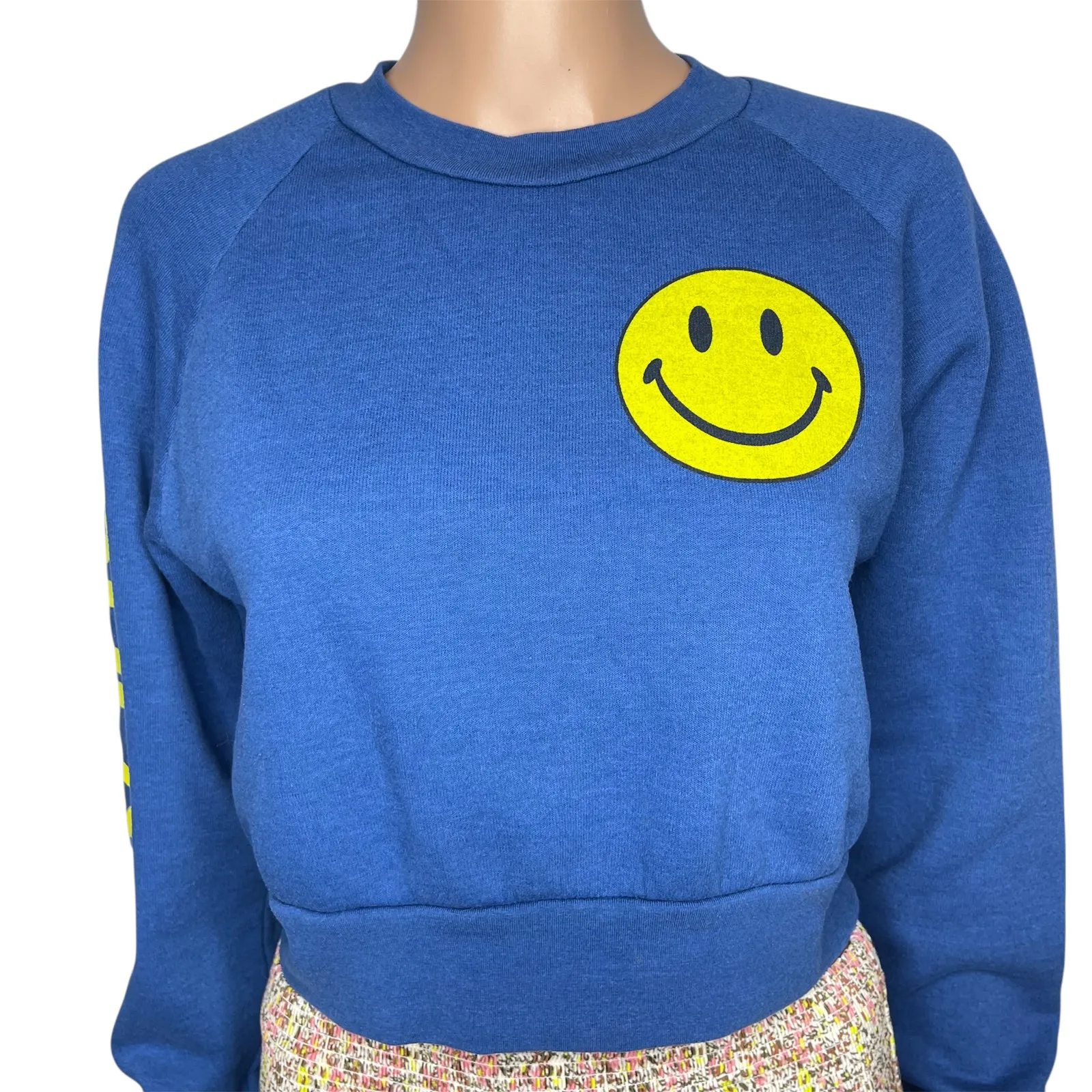 Aviator Nation x SoulCycle cropped crew sweatshirt Medium Blue smiley graphic - Image 4