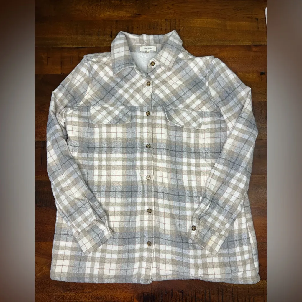 No Comment Plaid Sherpa-Lined Button Down Shacket - Image 2