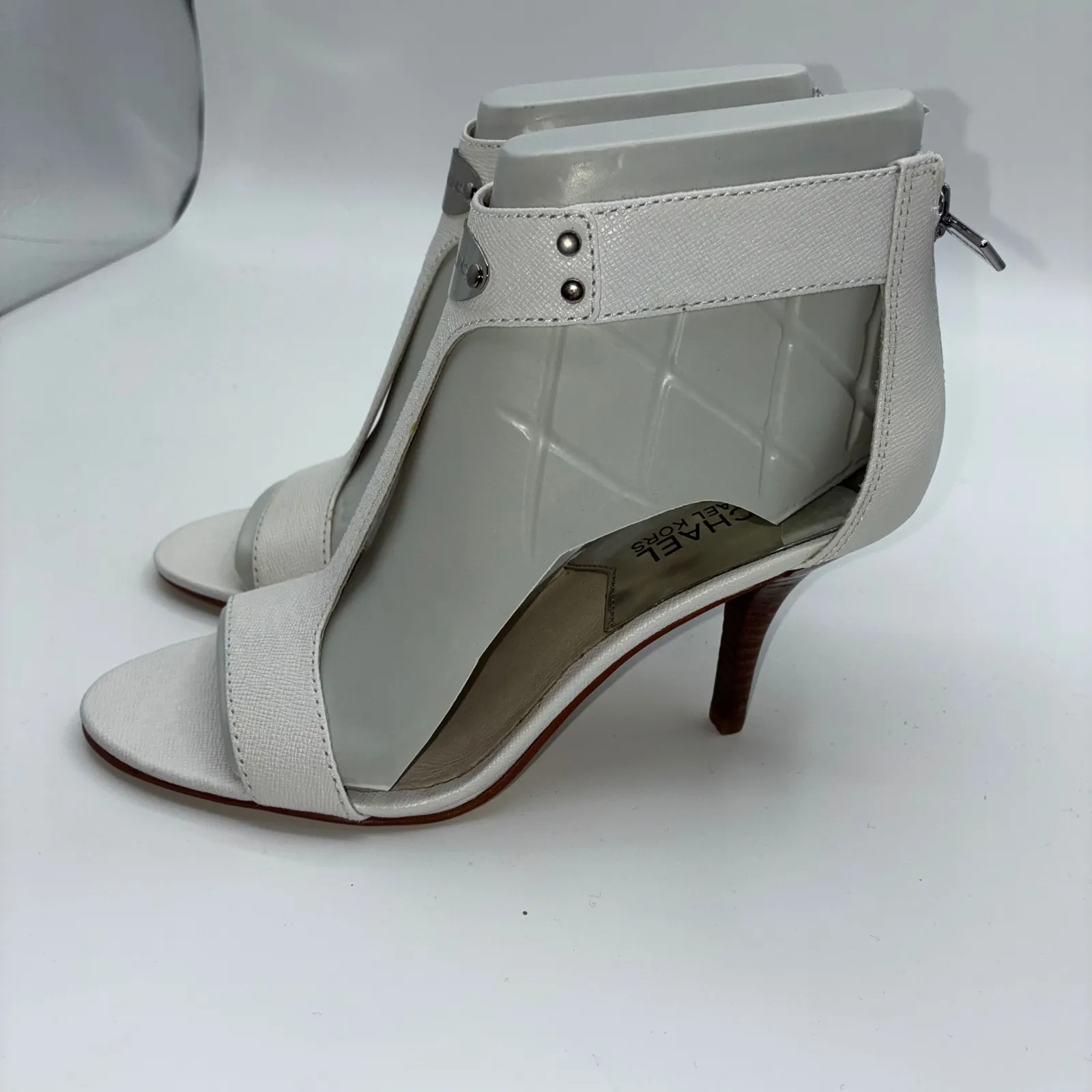 Michael Kors Womens 6M White Leather Open Toe Stiletto Zip Heels Career Party - Image 2