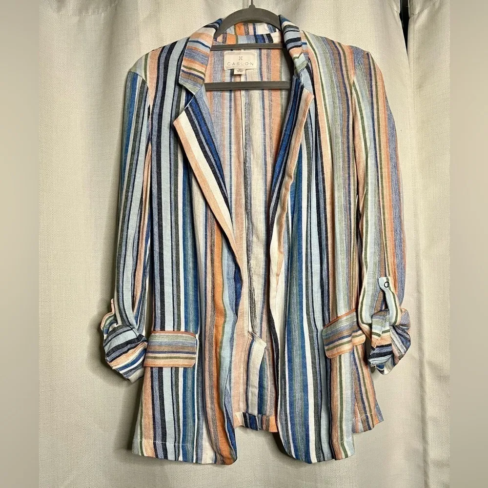 Caslon Linen Blue and Coral Striped Boyfriend Blazer XS - Image 12