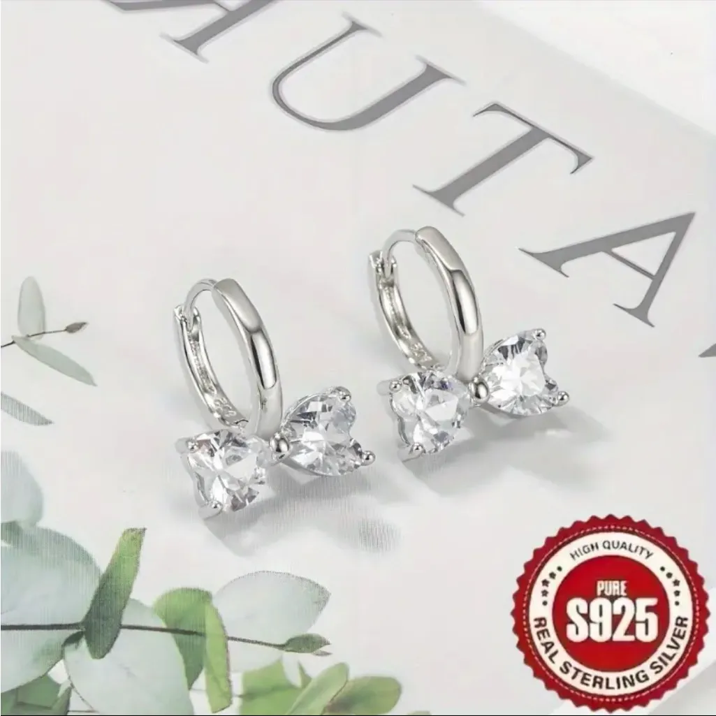 S925 Sterling Silver Bow Earrings Simulated Diamond Huggie Hoops NWT - Image 2