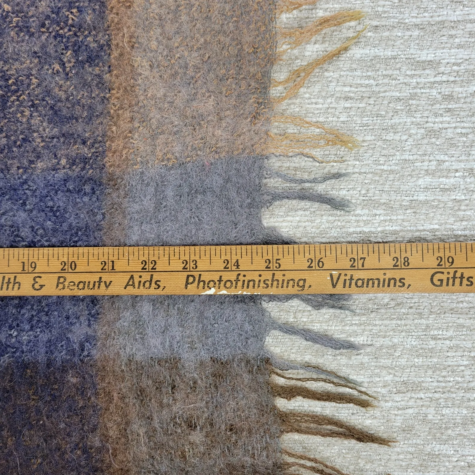 Avoca Hand Weavers Lap Blanket Scarf Shawl Brown Blue Wool Mohair Plaid Fringe Tan - Image 5