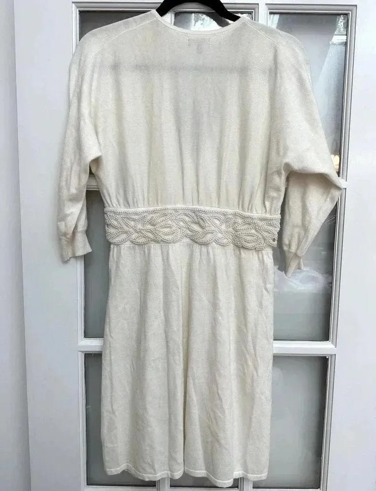 Vintage Express Off White 3/4 Sleeve Beaded Sweater Dress Size S Small Y2K - Image 3