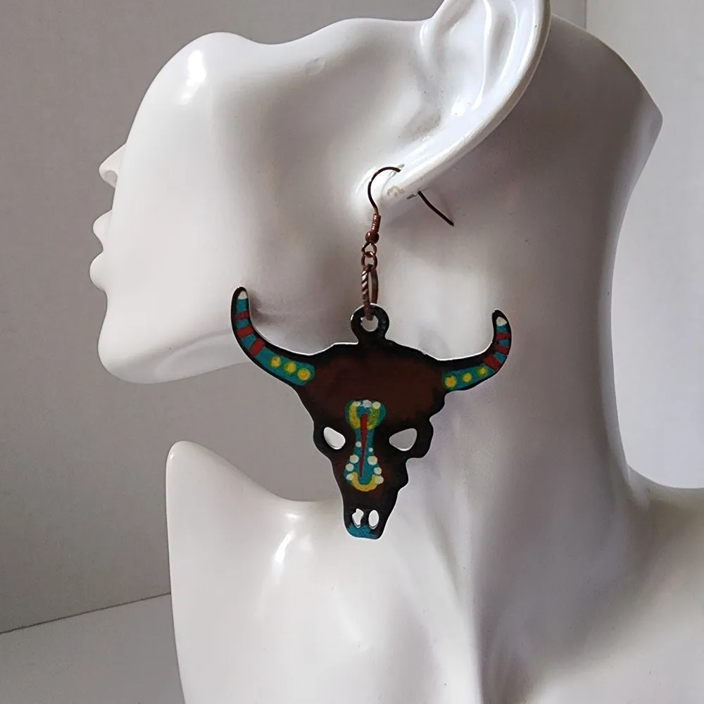 Western Boho Bull Longhorn Skull Metal Earrings Brown - Image 3