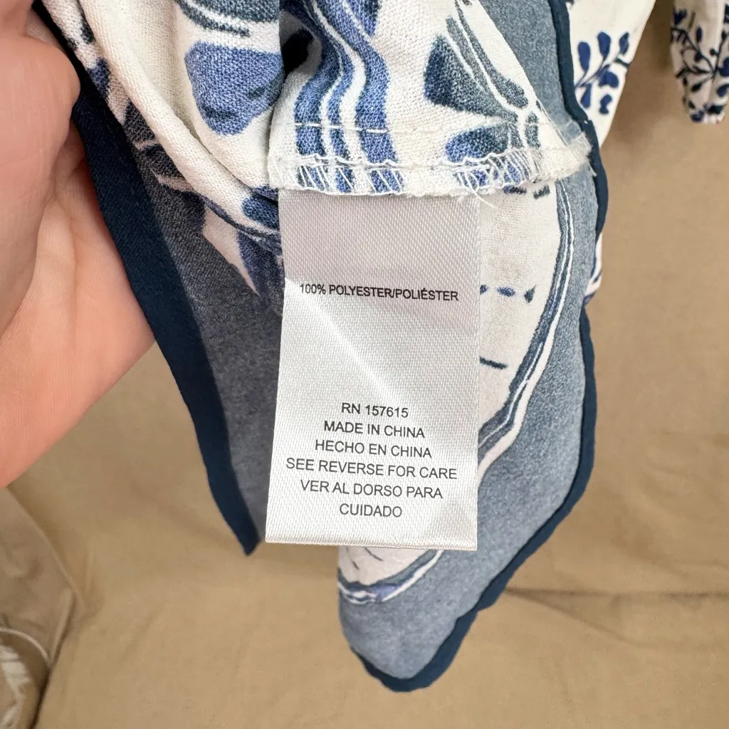 Rachel Zoe Floral White Blue Dress Size M Long Sleeve Tie V-Neck - Image 6