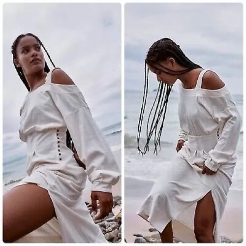 Free People Beach Ibiza Midi Long Sleeve Ivory Asymmetrical Off Shoulder Dress L - Image 3