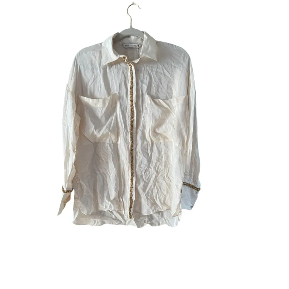 Zara Beige Viscose Button Down Shirt with Gold Chain XS - Image 3