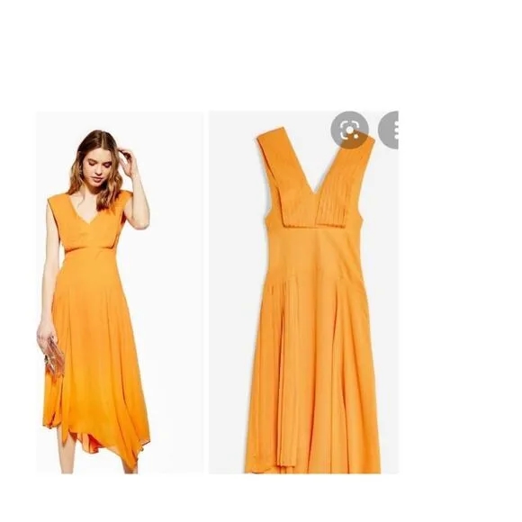Womens Yellow Party Dress Size 2 Wedding Guest Topshop Pleated Midi Length - Image 2