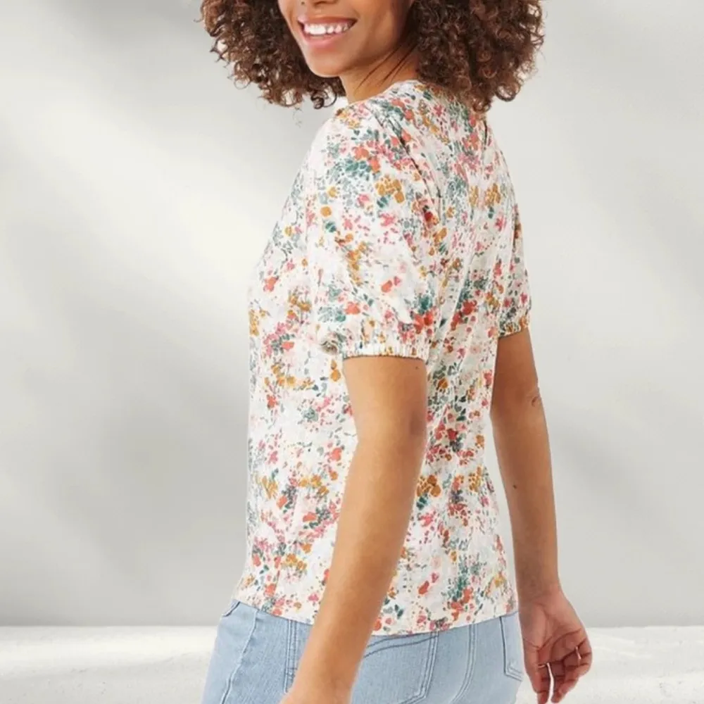 Fat Face Floral Short Sleeve Top Poppy Fleur Meadow Top in Ivory Red Size 8 - Image 2