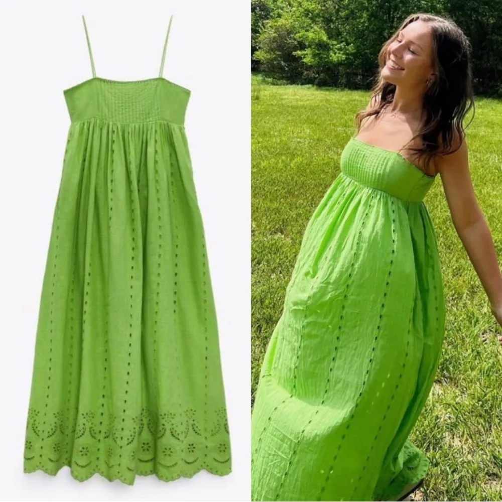 Zara Openwork Embroidery Midi Maxi Dress Lime Green 100% Cotton Size XS NEW - Image 8