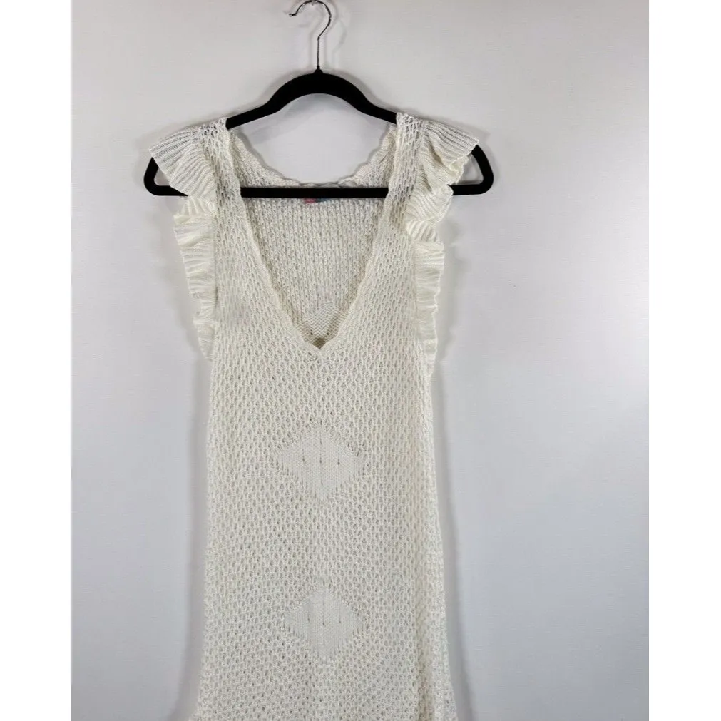 FP Beach Womens Dress White Mykonos Sweater Mini Flutter V Neck Open Knit Small - Image 5