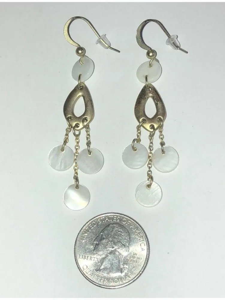 Vintage Satin Gold Tone Mother Of Pearl Shell Dangling Boho Pierced Earrings - Image 2