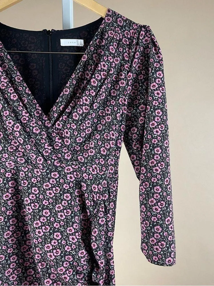 Lush Women's XS Side Tie Wrap Floral Midi Dress In Ditsy Black Ruffle Formal - Image 9