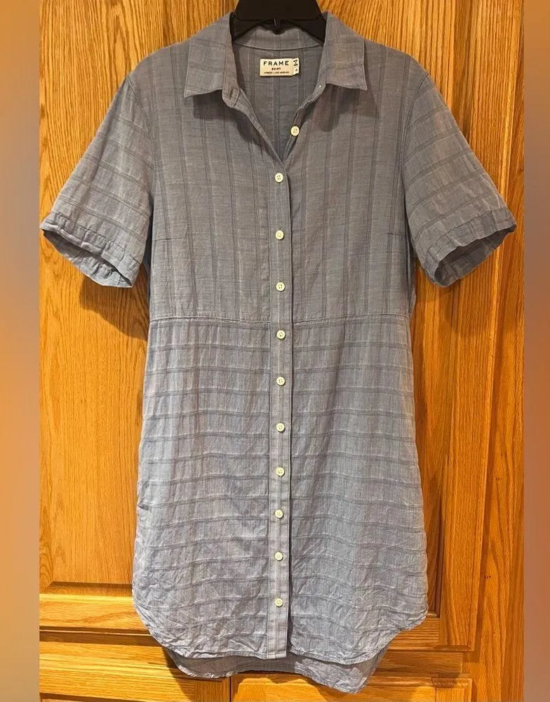 FRAME Short Sleeve Chambray Le Shirtdress Shirt Dress in Robins Egg Blue Size XS - Image 7