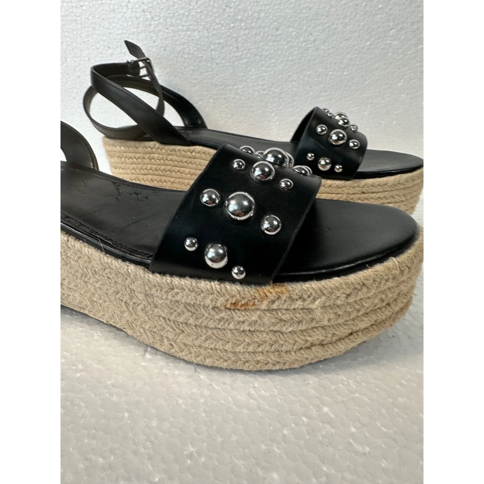 Marc Fisher Studded Espadrille Wedges Women's 8.5 Joyce Black Ankle Strap 2.5" - Image 3