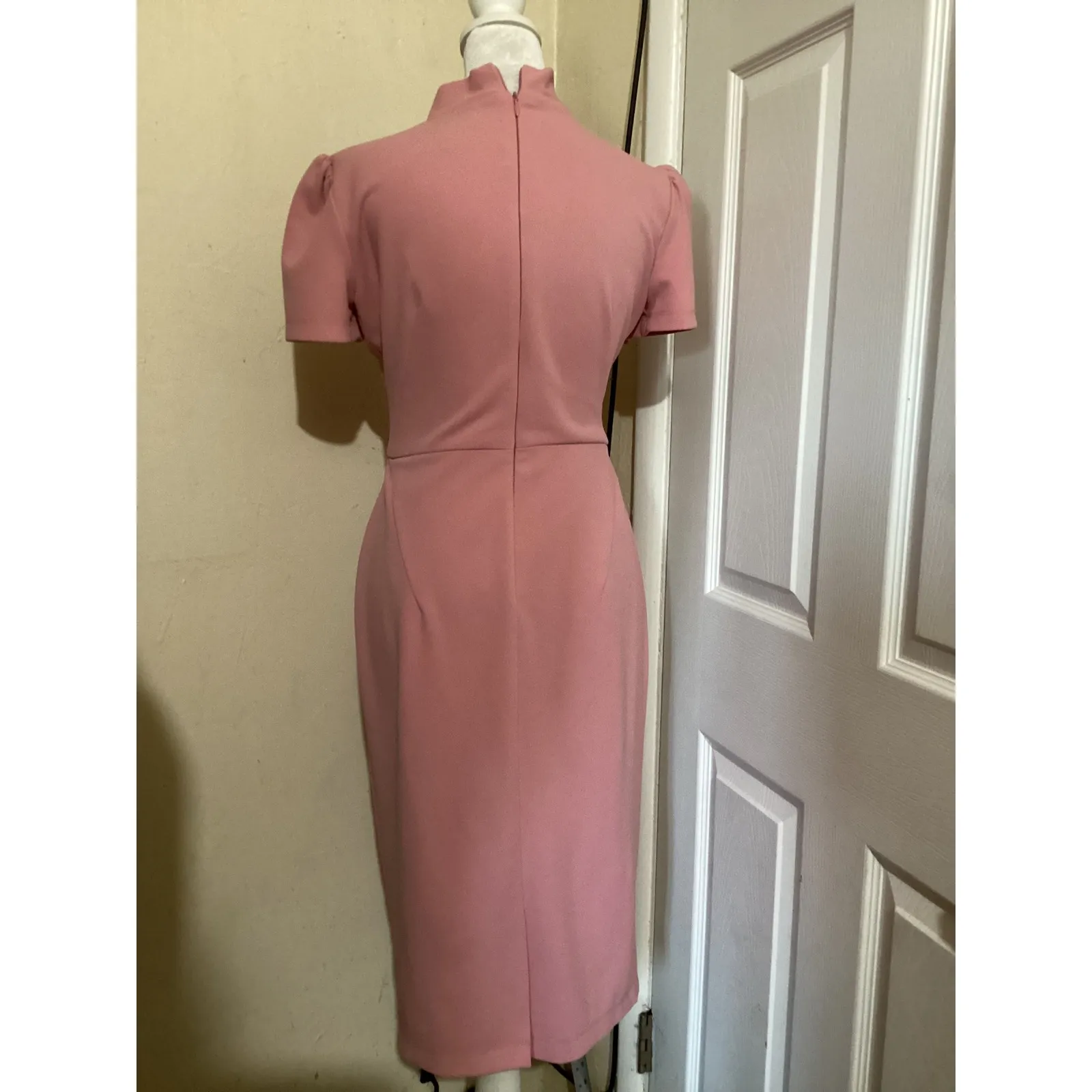 Maggy London Pink Bow Neck Puff Sleeve Sheath Dress Classic Elegant - Image 4