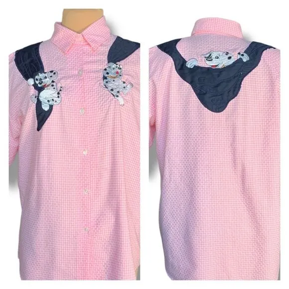 Vintage 80s Embroidered Shirt Pink Gingham Button Up Dalmatian Puppy Oversized White Size XL - Image 2