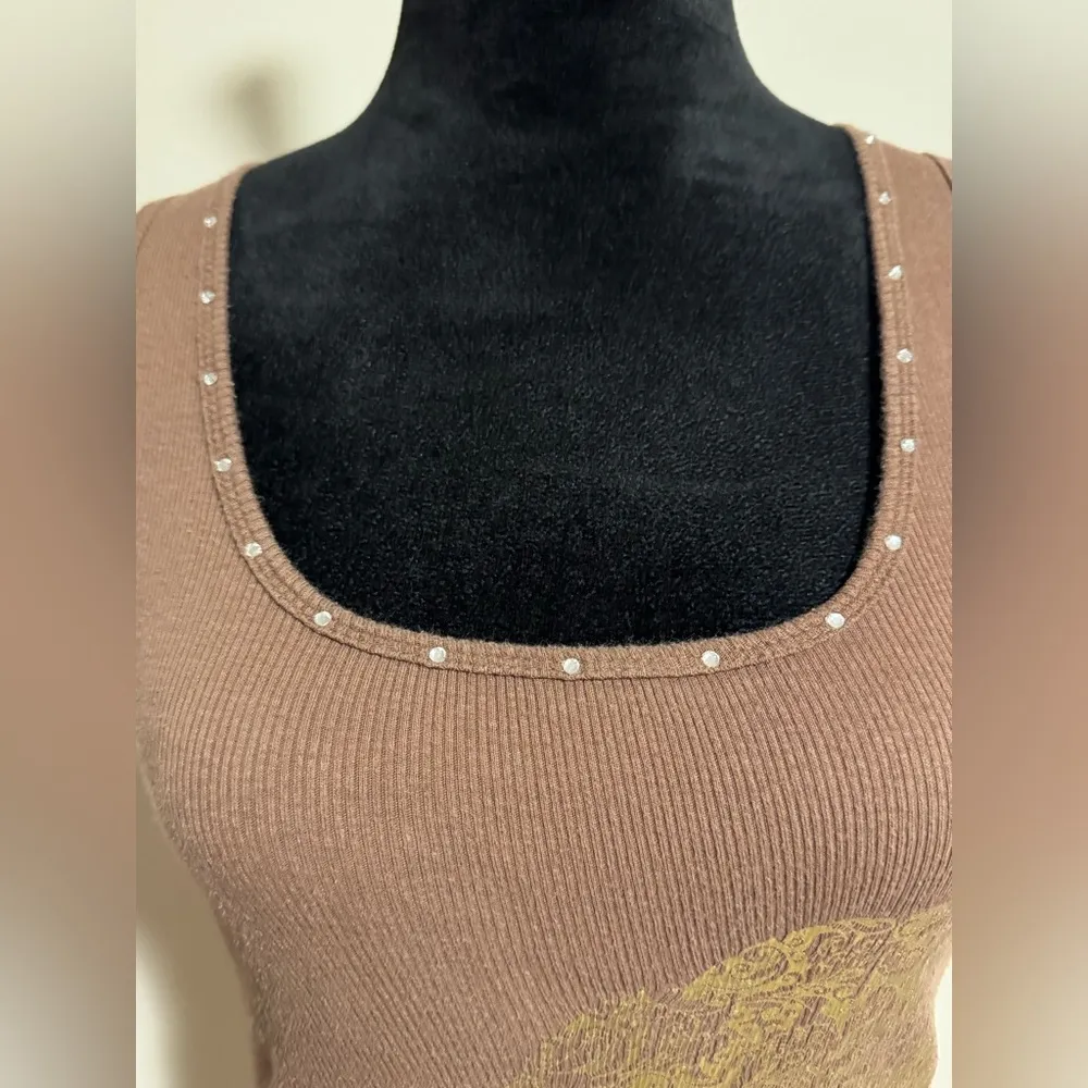 Preloved Bisou Bisou Brown and Gold Floral Design Tank Top size small - Image 5