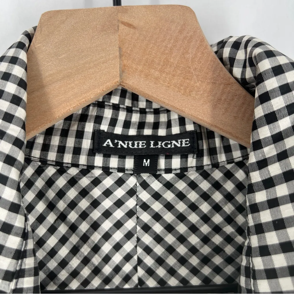 A'Nue Ligne Black White Silk Gingham Layered Double Collared Shirt Size M Black Size M - Image 2