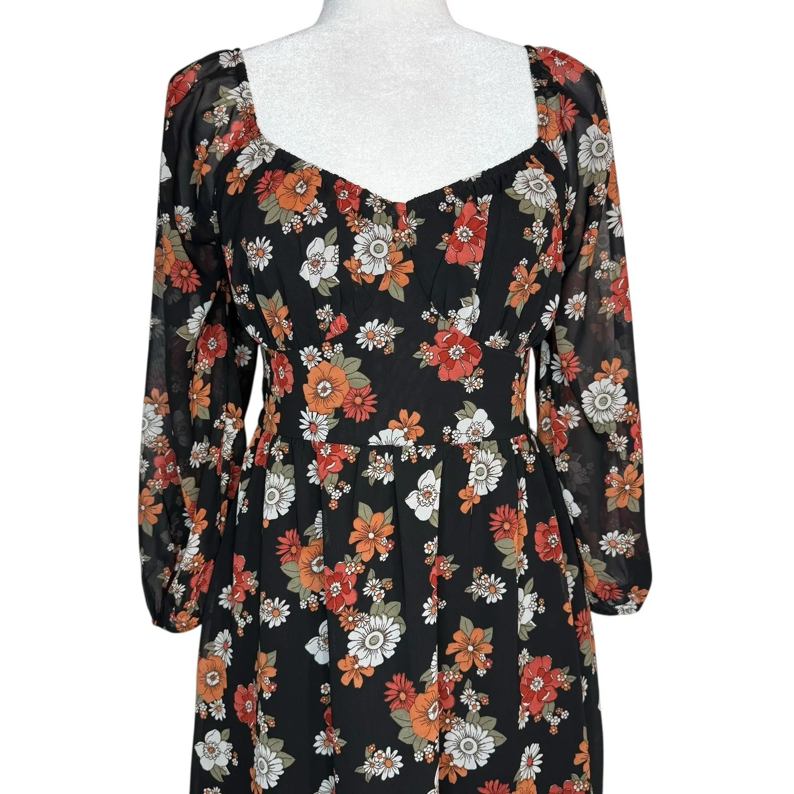 Hollister Dress Womens‎ Medium Floral Long Puff Sleeve Slit Midi Chiffon Retro - Image 4