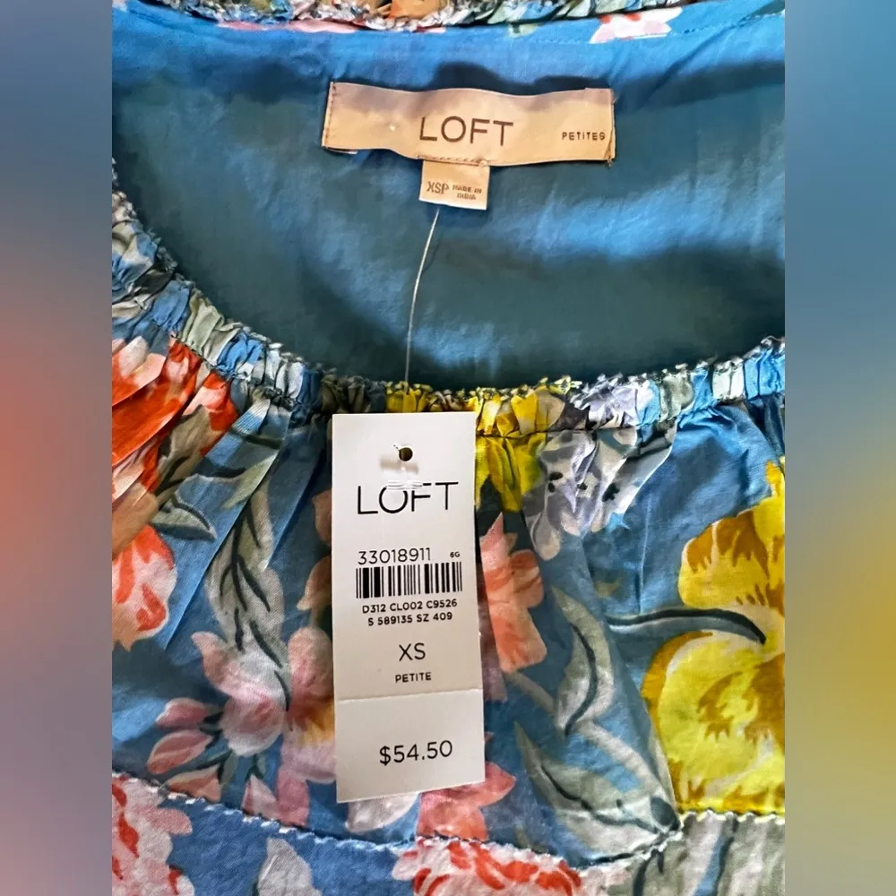 Ann Taylor Loft SHIRRED SHOULDERS Ruffle Sleeveless M Shirt Sky Blue floral XS - Image 7