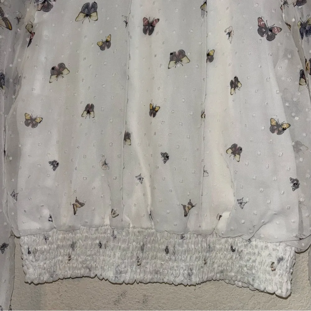 white lined shirt with sheer sleeves, butterflies, Large - Image 3