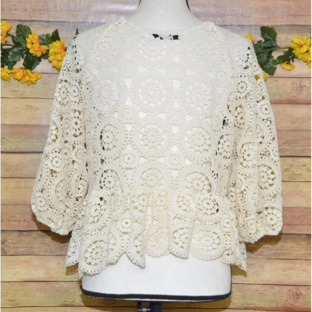 Justfab Ladies S Cream Crochet 3/4 Puff Sleeve Top Cottage Granny Core Boho - Image 7