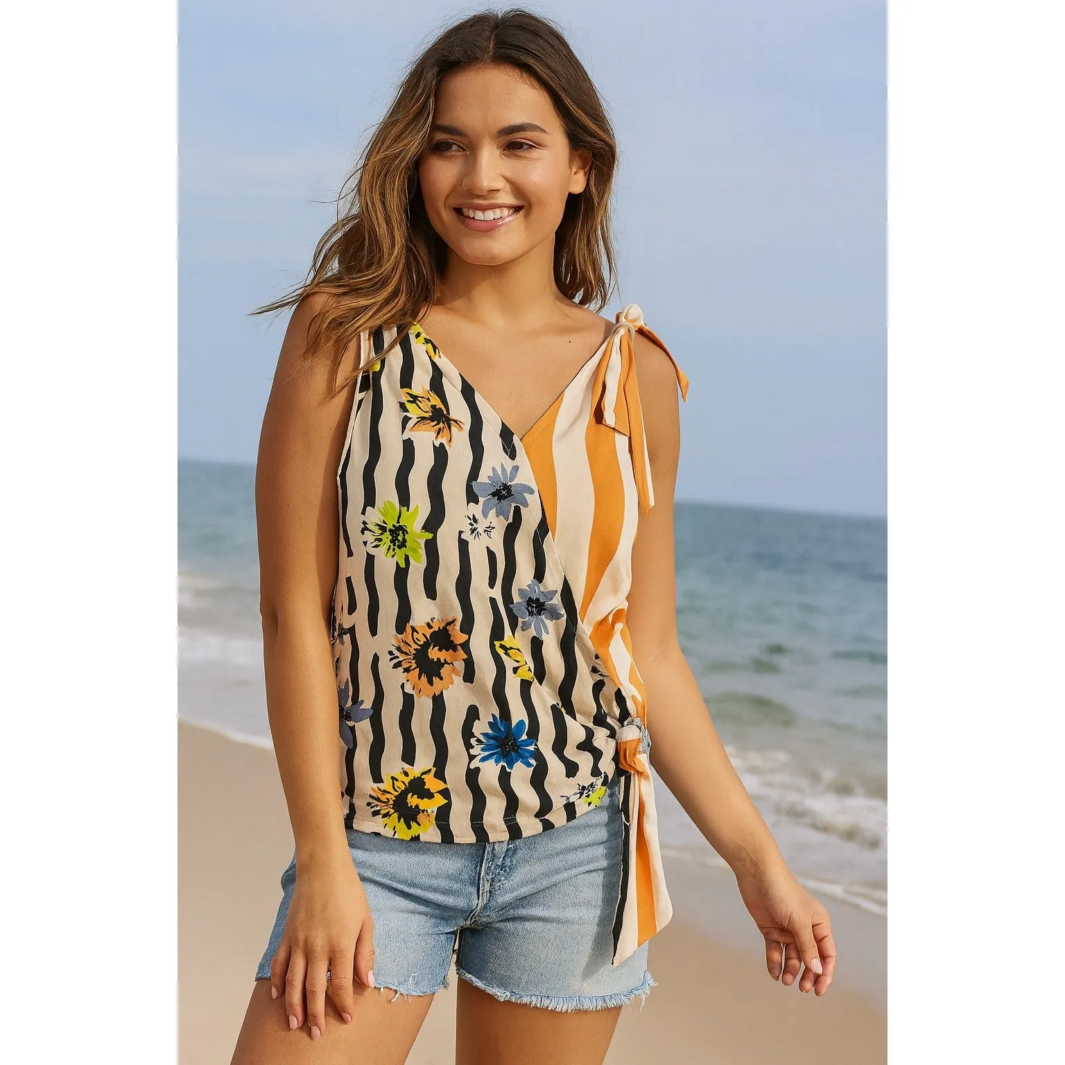 Bimba Y Lola Mixed Print Wrap Tank Top Size XS Stripe Floral Orange Beach Swim - Image 2