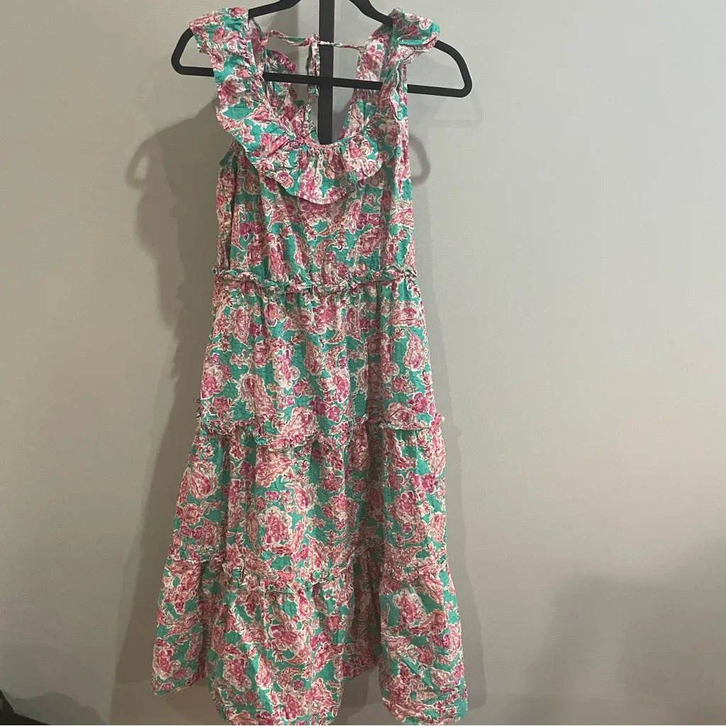 J. Crew Printed Floral Ruffled Tiered Midi Dress Pockets Green & Pink Size‎ 12 - Image 3