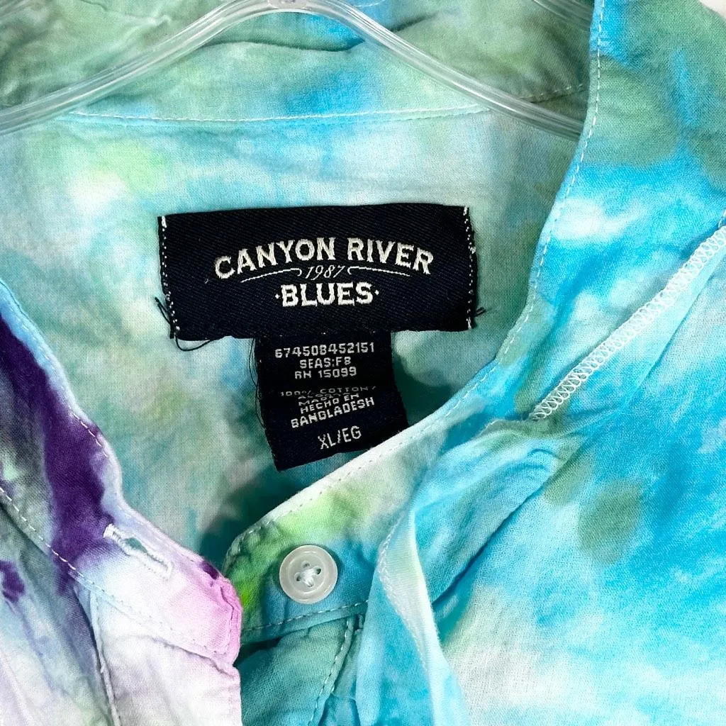 Canyon River Blues XL Blouse Ruffle Ripples Tie Dye Handmade Blue Green 511 - Image 11