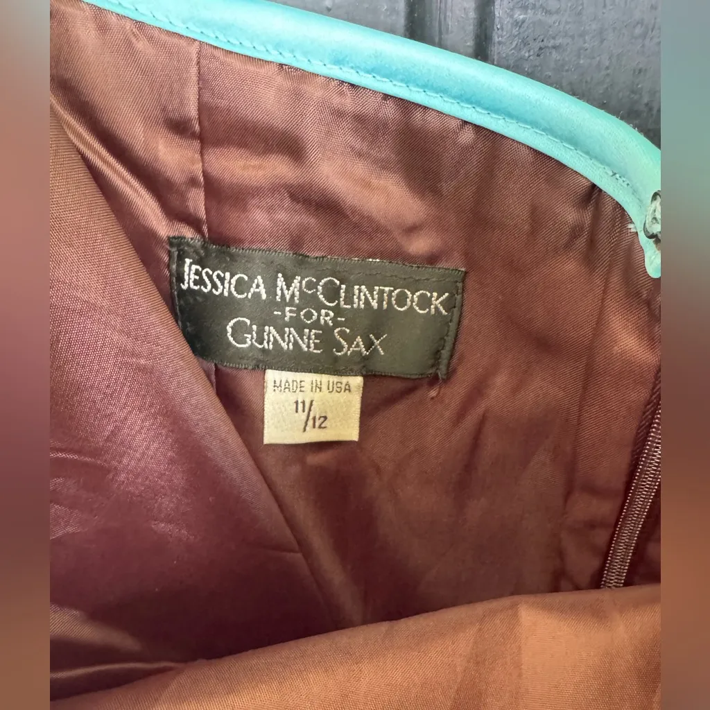 VTG Jessica McClintock for Gunne Sax Chocolate and Aqua Dress - Image 4