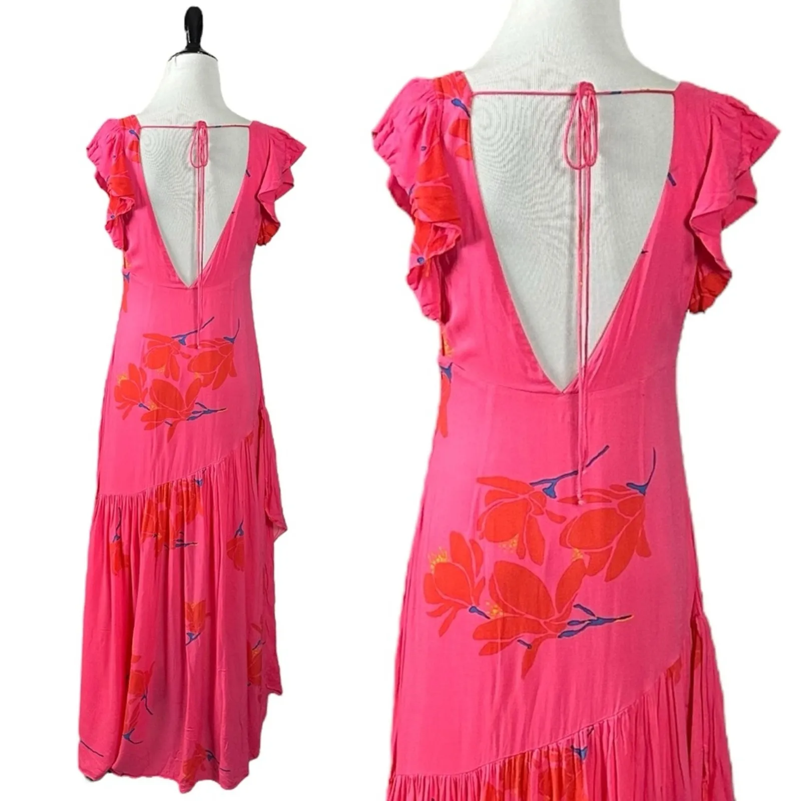 Free People Tropical Hawaiian Hibiscus Hot Pink Floral Maxi Dress Size 8 Summer - Image 10