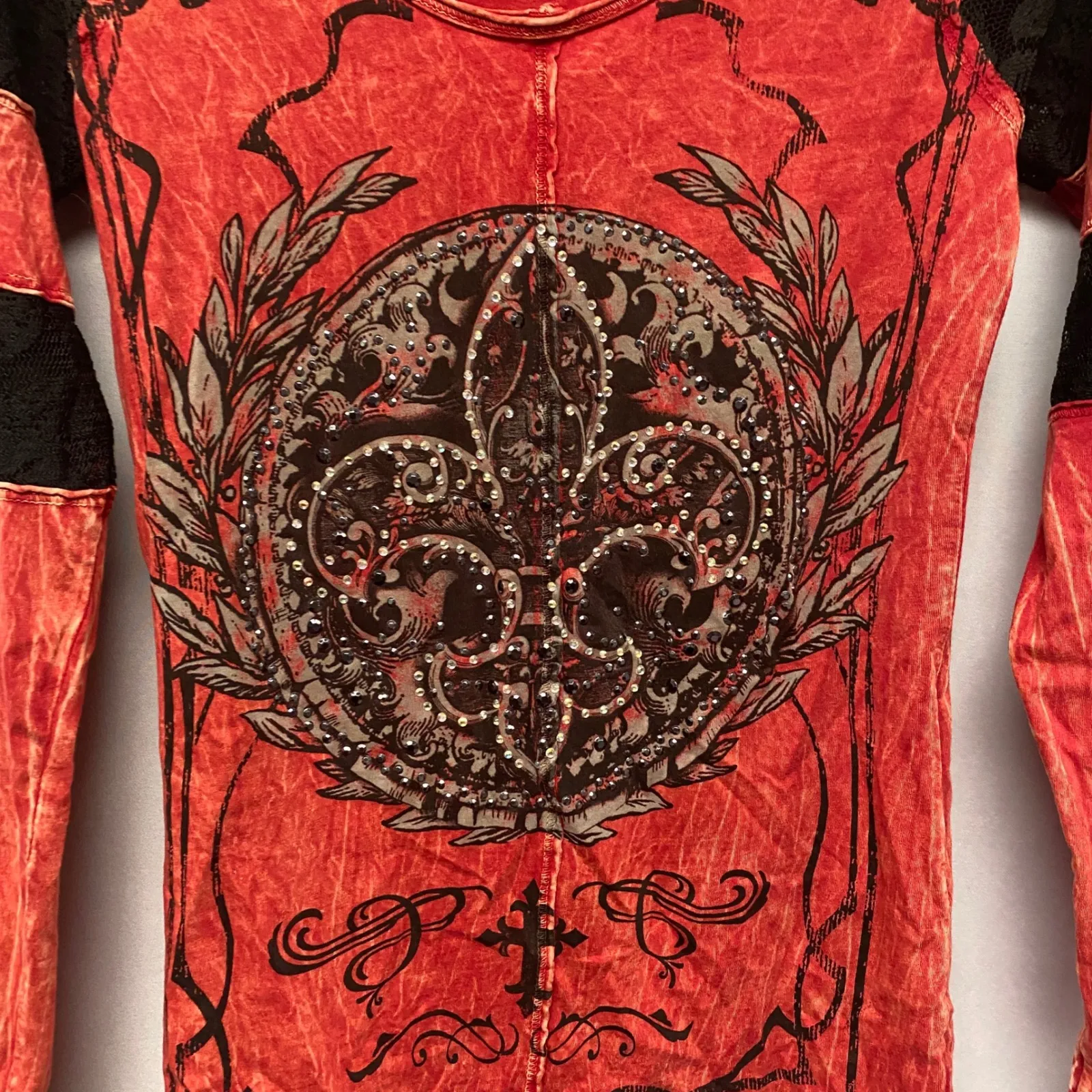 Vintage Grunge Whimsygoth Punk Women S Y2K Lace Long Sleeve Fleur de Lis Graphic - Image 2