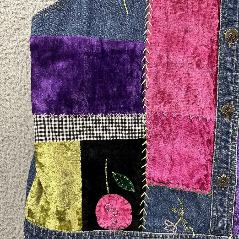 Vintage Susan Bristol Denim Jean‎ Floral Embroidered Patchwork Vest Y2K Women L - Image 2