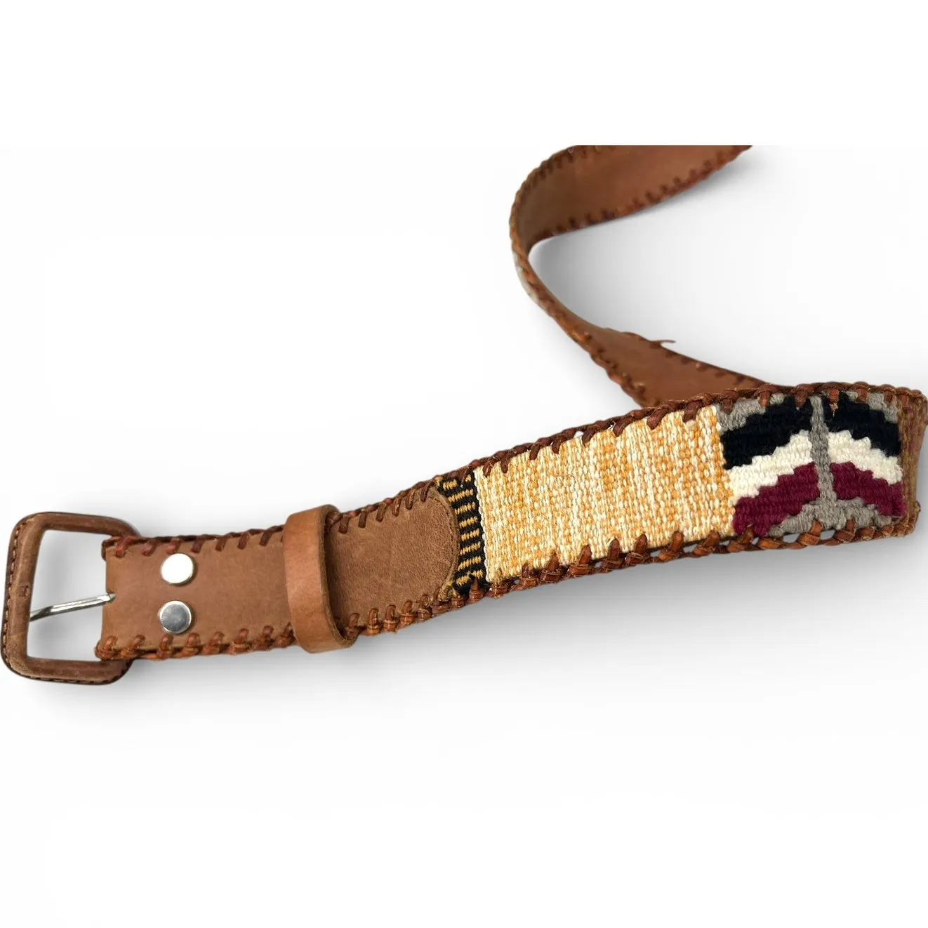 Vintage Lucky Brand L brown leather belt woven textile inlay Patch embroidered - Image 6