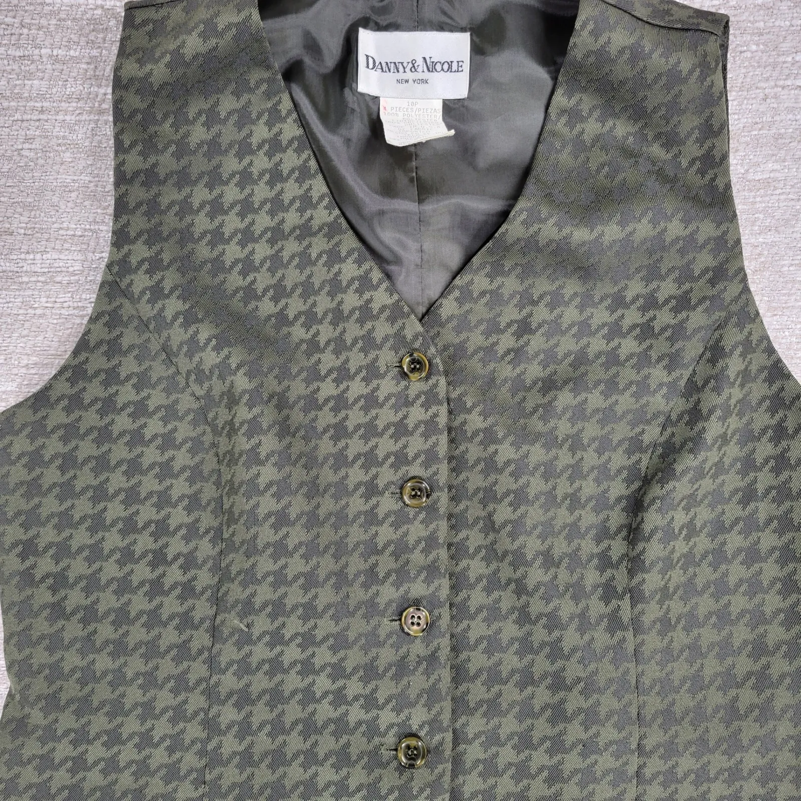 VTG Danny & Nicole Skirt Suit Size 10P Olive Green Houndstooth Vest Pencil Work - Image 2
