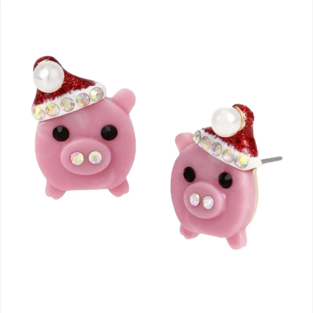Betsey Johnson Holiday Whimsy Santa Pig Stud Earrings, Pink - Image 6