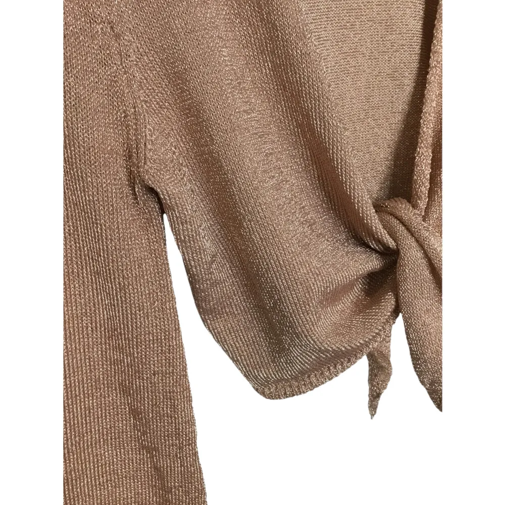 Dee Elly Metallic Shimmer Cropped Front Tie Bell Long Crochet Sleeve Rose Gold M - Image 6