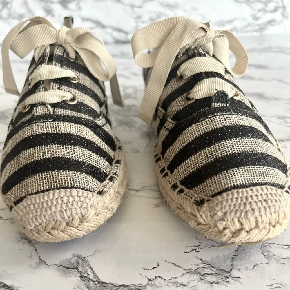 Kate Spade Lina Espadrille Flats Striped Metallic Black Beige Jute 8.5 Canvas - Image 6