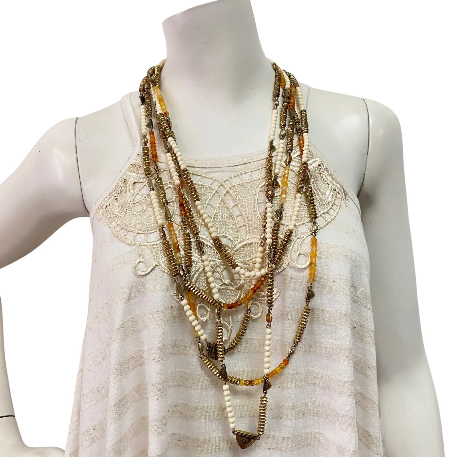 Lucky Brand Boho Layered Necklace Gold Tone Seed Beads Pendant Statement Jewelry - Image 2