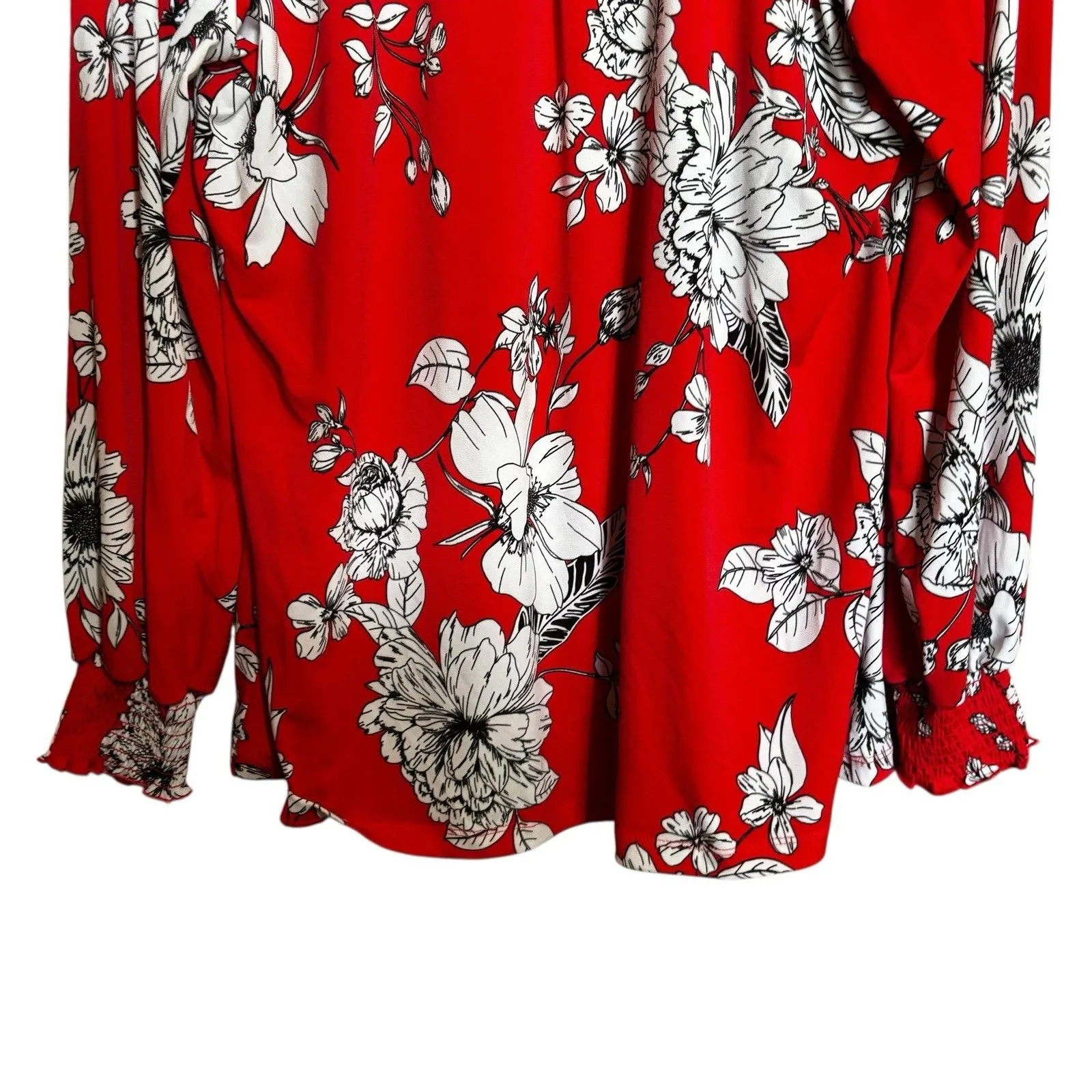Susan Graver Mock Neck Top Women Large Red Floral Liquid Knit Long Sleeve Blouse - Image 4