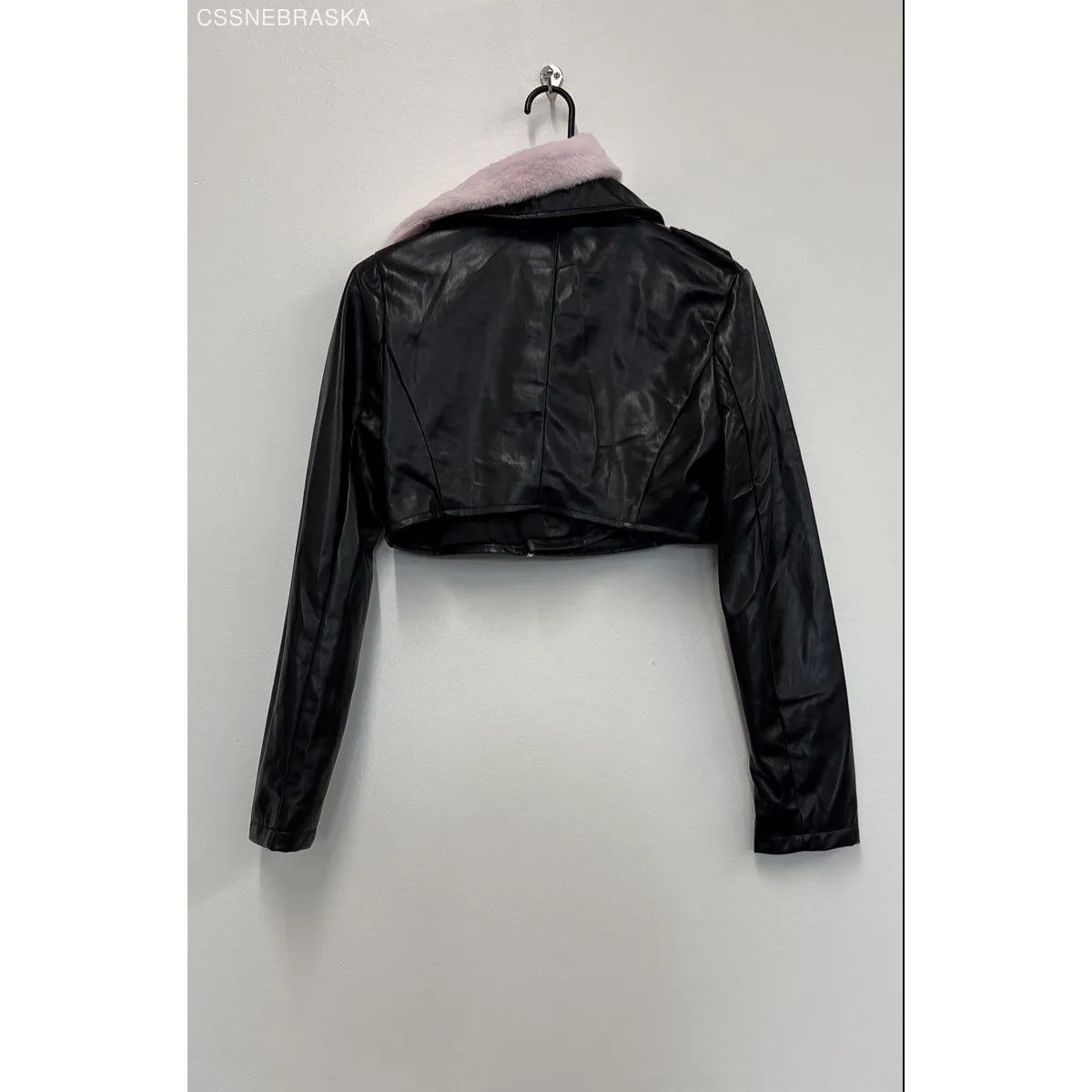 Forever 21 Pink/Black Women's‎ Faux Fur-Trim Cropped Moto Jacket - Size S - Image 6