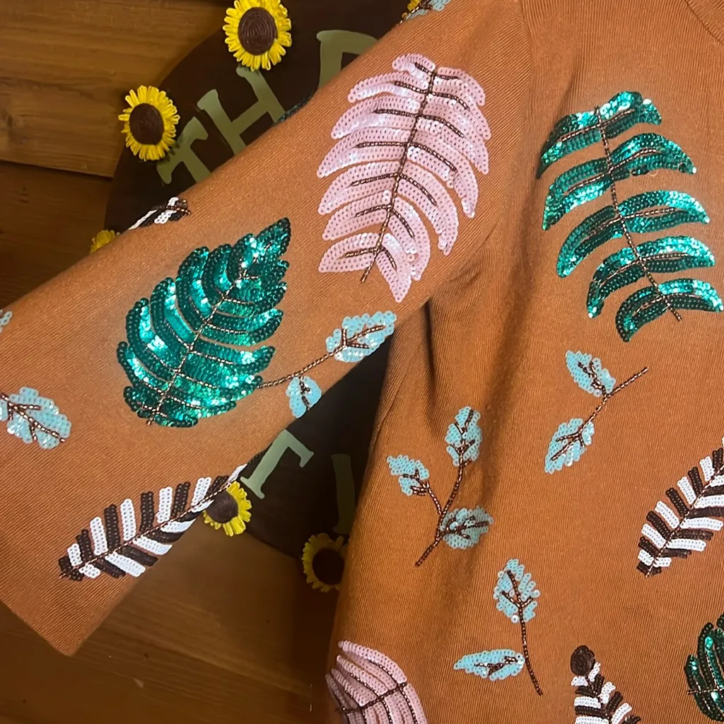 Fate Flare Sleeve Beaded Leaf Botanical Plant Flower Boho Brown Oversize S - Image 6