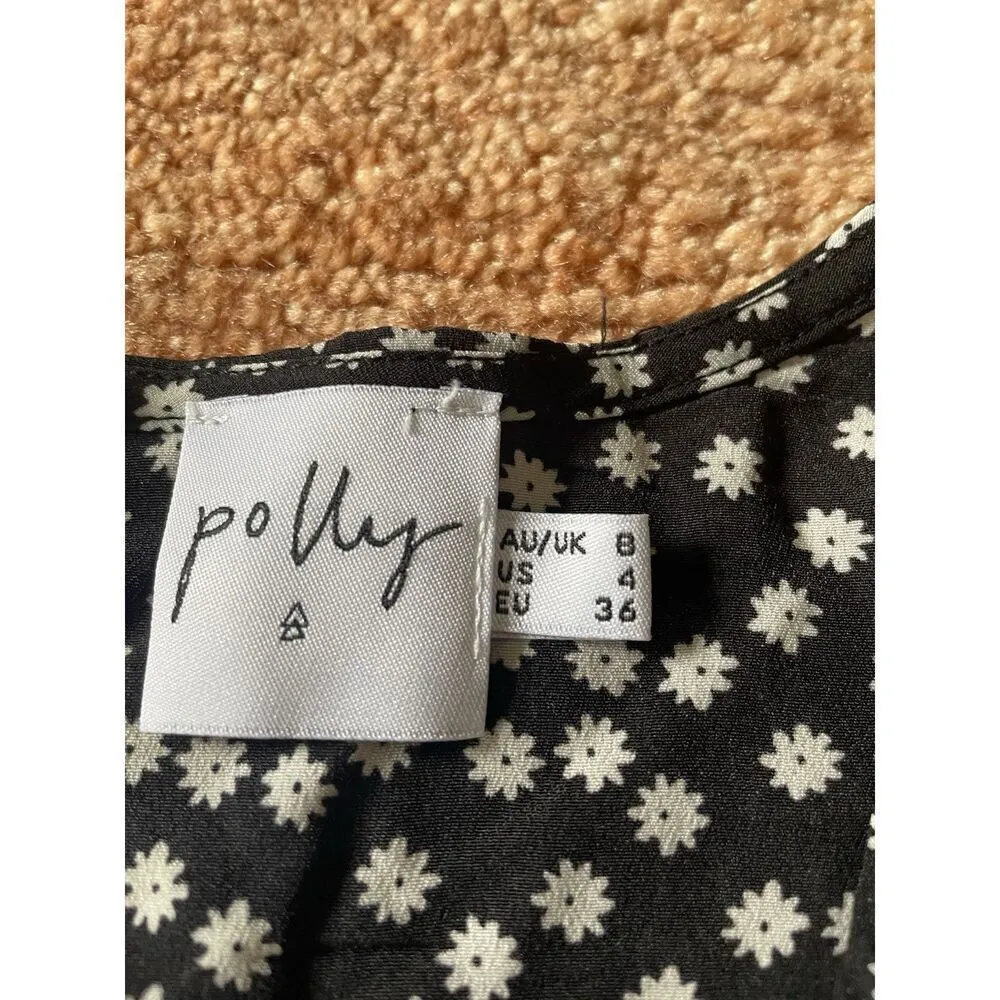 Princess Polly Black with White Floral Long Sleeve Mini Faux Wrap Dress Size 4 - Image 2