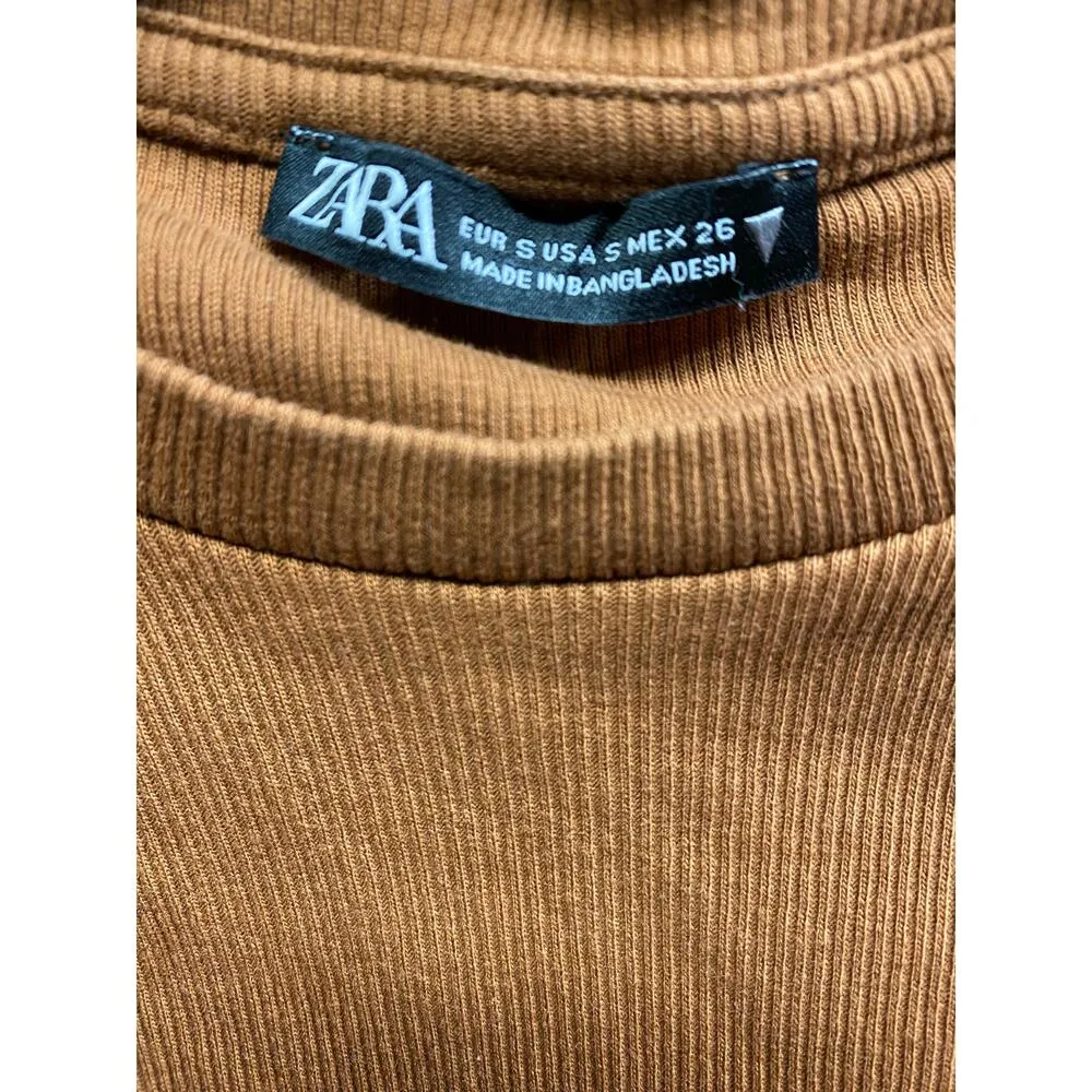 Zara Women's S Short Sleeve Ribbed Bodycon Tee Shirt Dress Brown Side Scrunch - Image 6