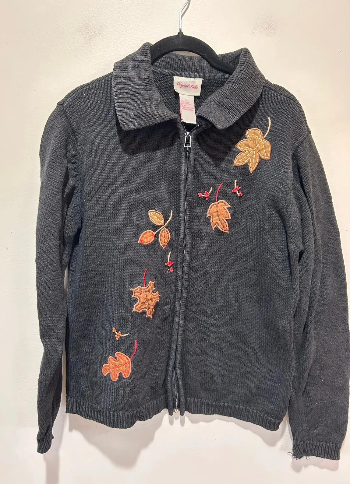 Vintage fall cardigan size L black zippered collared flat on sleeve grandmacore Size L - Image 1