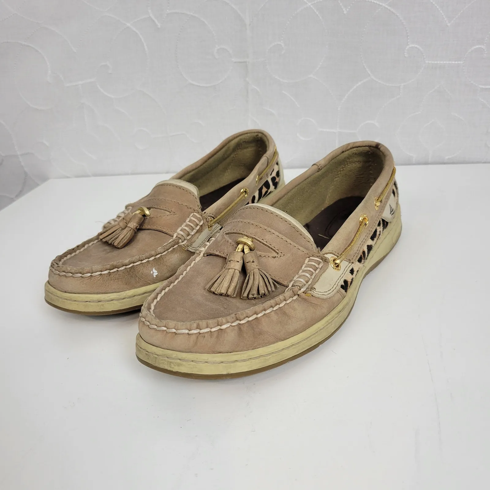 Sperry Womens Shoes 9M Light Brown‎ Leather Top-siders Animal Print Tassel Front - Image 5