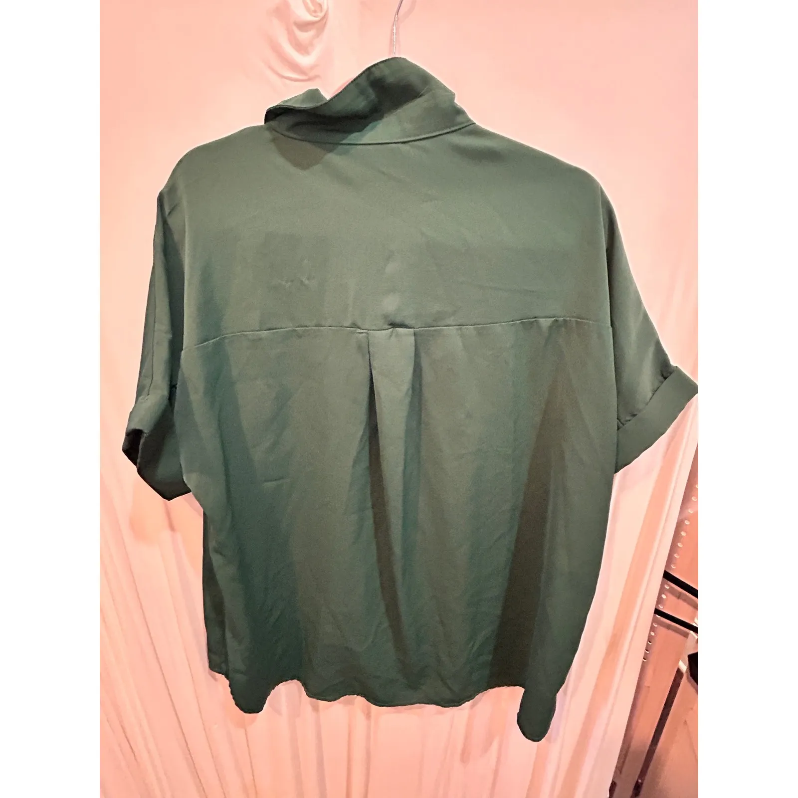 Green Button Up Shirt Short Sleeve Collared Top With Pocket Casual Style Size XL - Image 5